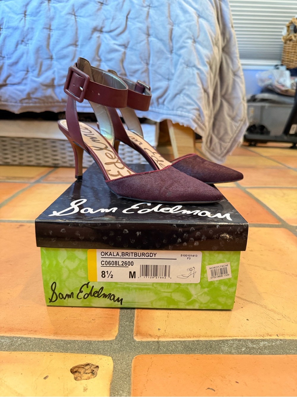 Sam Edelman Burgundy Pointed-Toe Ankle-Strap Heels with box